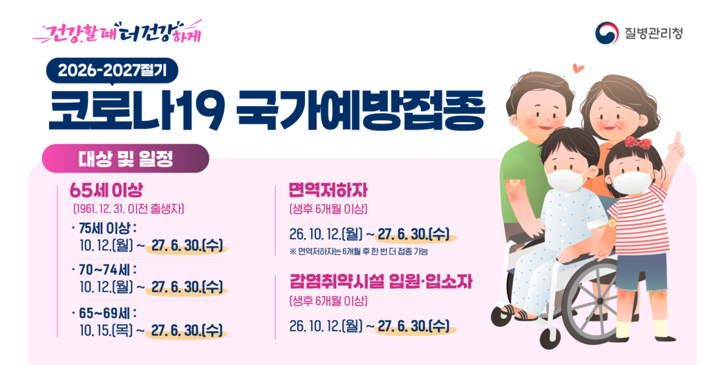 2026-2027절기 독감 국가예방접종 지원사업 대상별 일정 안내 포스터
캡션: 2026-2027절기 인플루엔자 국가예방접종 공식 지원 일정 안내 (출처: 질병관리청)